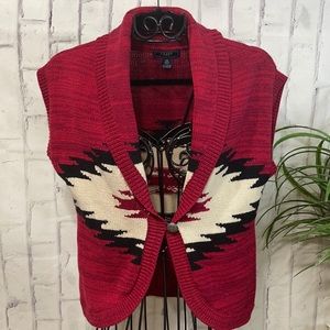 Chaps Vest Southwest Flyaway Cardigan Sweater Silvertone Etched Button Knit